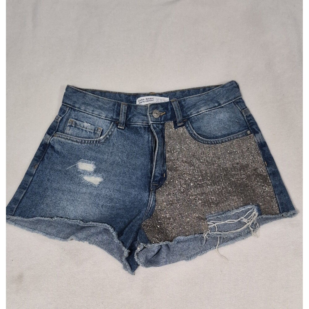 Zara Basic Denim shorts Sequin Beaded Details Size 4 EUC